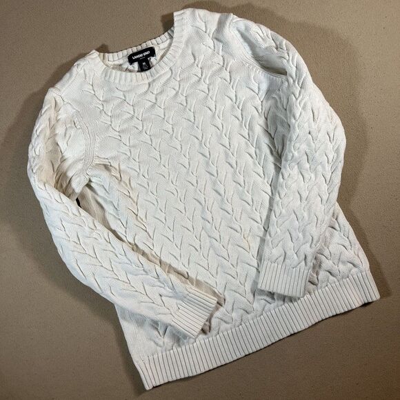 Lands End Off White Cable‎ Knit Pullover Cotton Round Neck Sweater M Fisherman - Picture 1 of 9